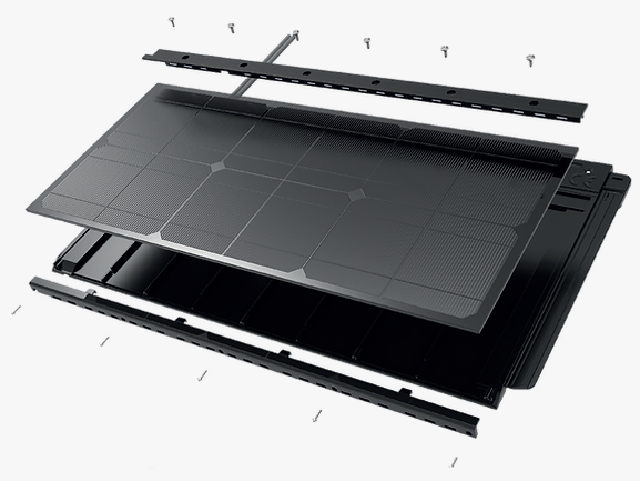 Exploded view of the EnvirotilePV solar roof tile with components and layers displayed. Exploded view of the EnvirotilePV solar roof tile with components and layers displayed.